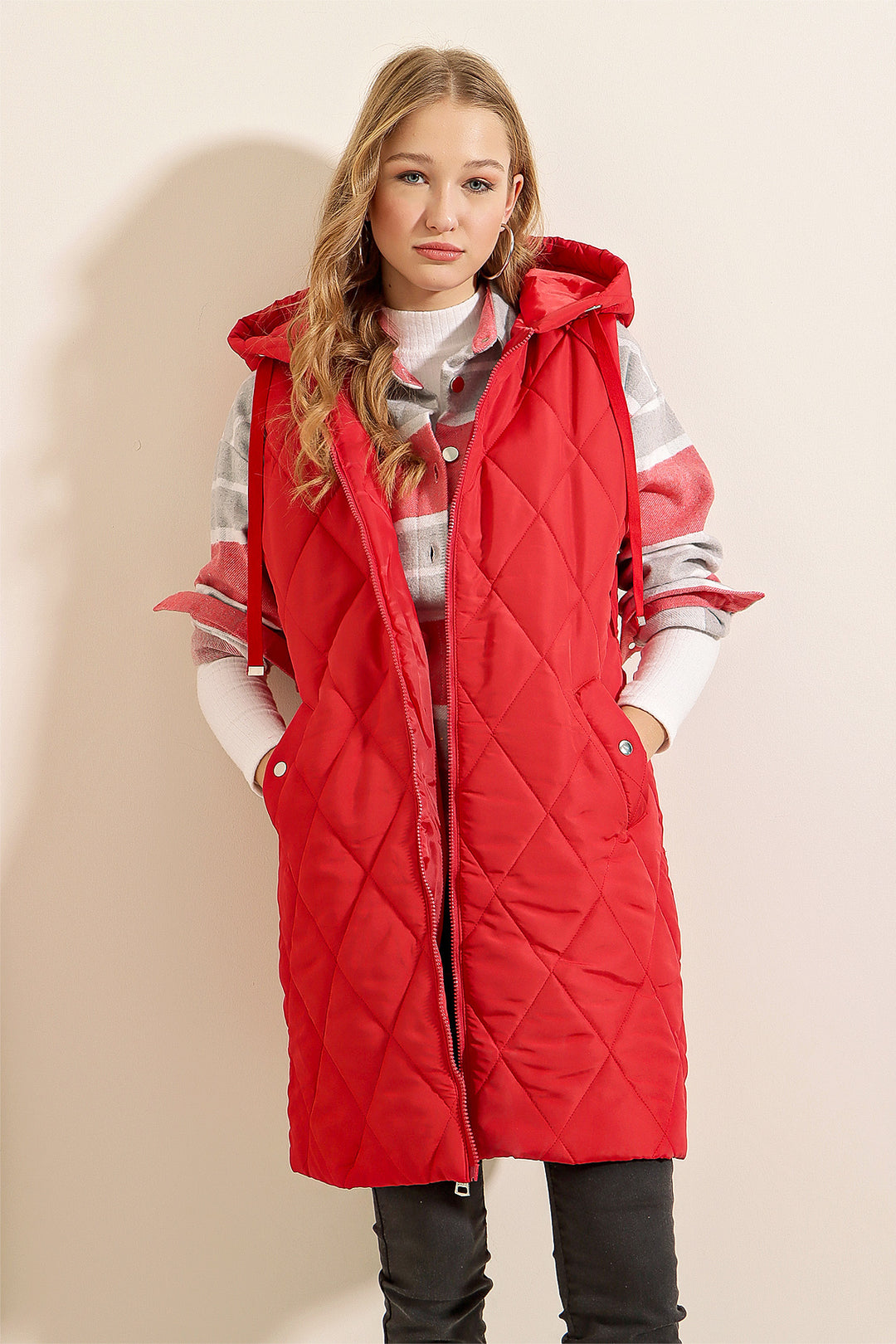 BGD Women Hooded Long Puffer Vest - Red - Richmond