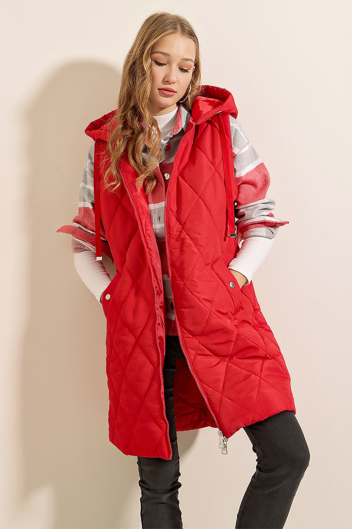 BGD Women Hooded Long Puffer Vest - Red - Richmond