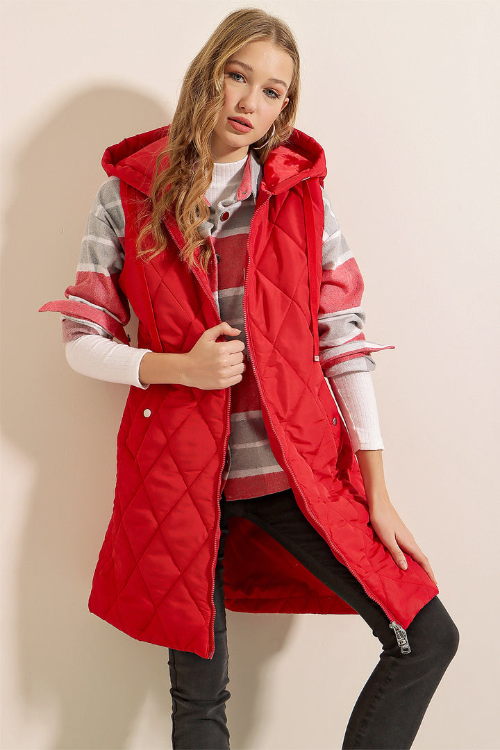 BGD Women Hooded Long Puffer Vest - Red - Richmond