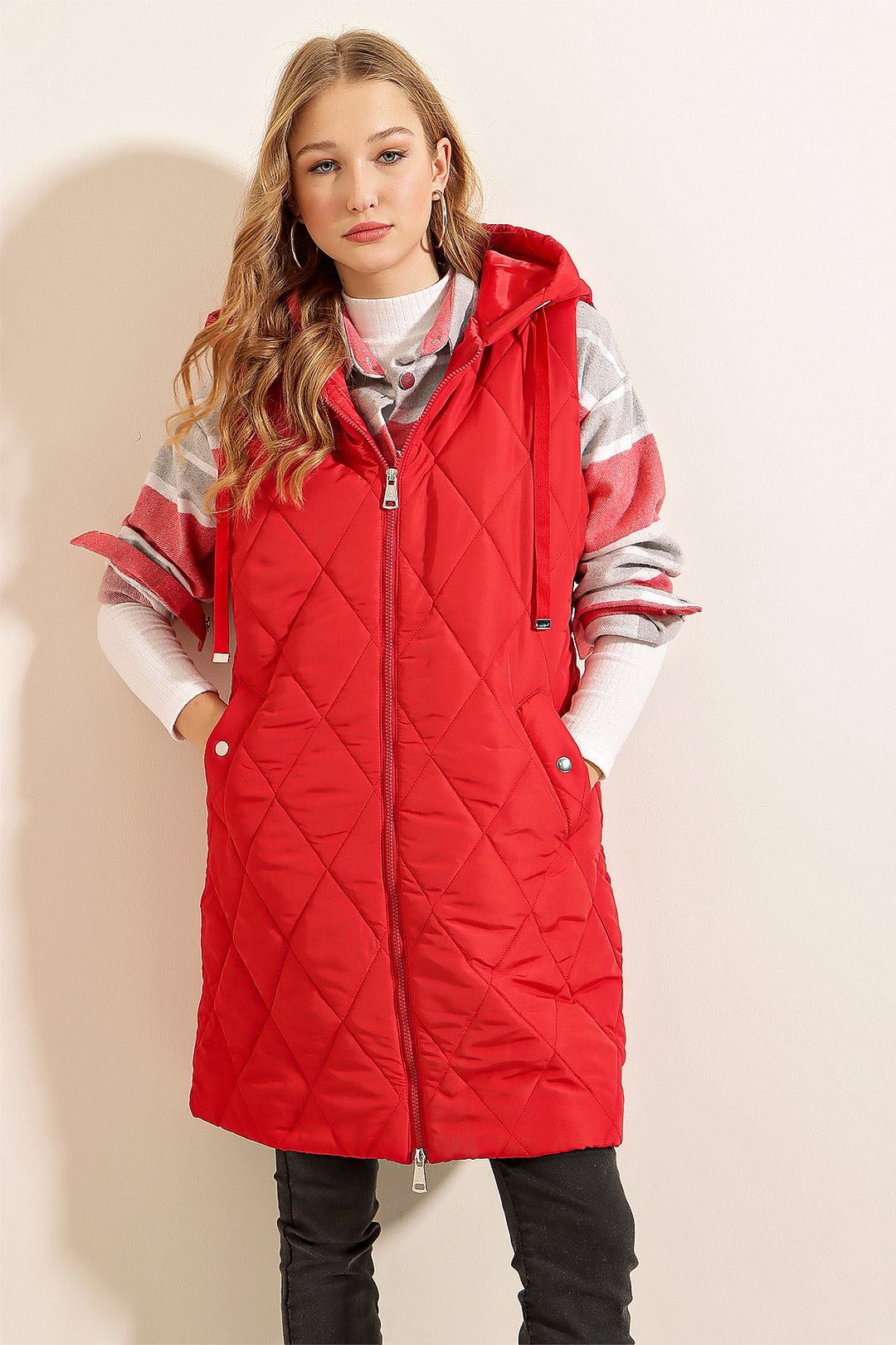 BGD Women Hooded Long Puffer Vest - Red - Richmond