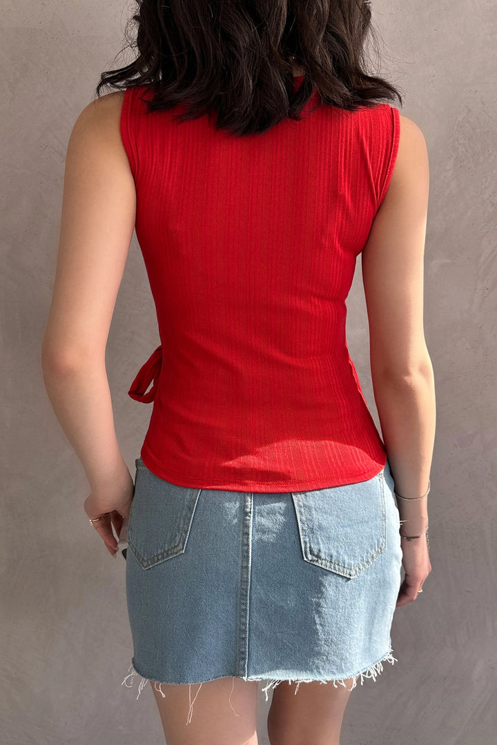 Red Sleeveless Front Cross-Tied Blouse BCDF-252180 - Brooklyn Park