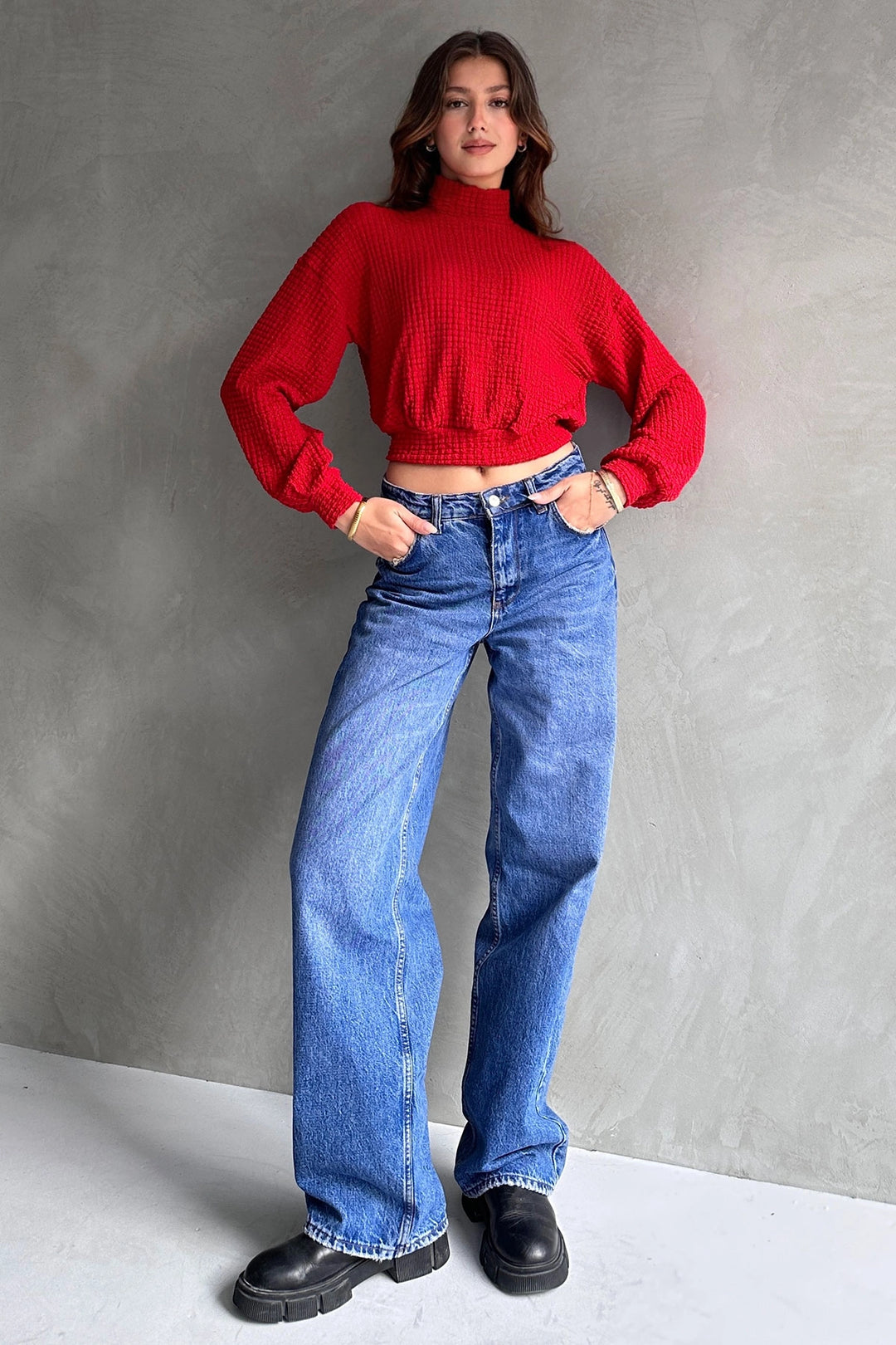 Red Fisherman Collar Textured Crop Blouse BCDF-242126 - Dovzhansk