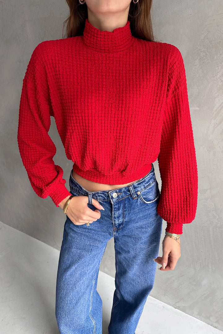 Red Fisherman Collar Textured Crop Blouse BCDF-242126 - Dovzhansk