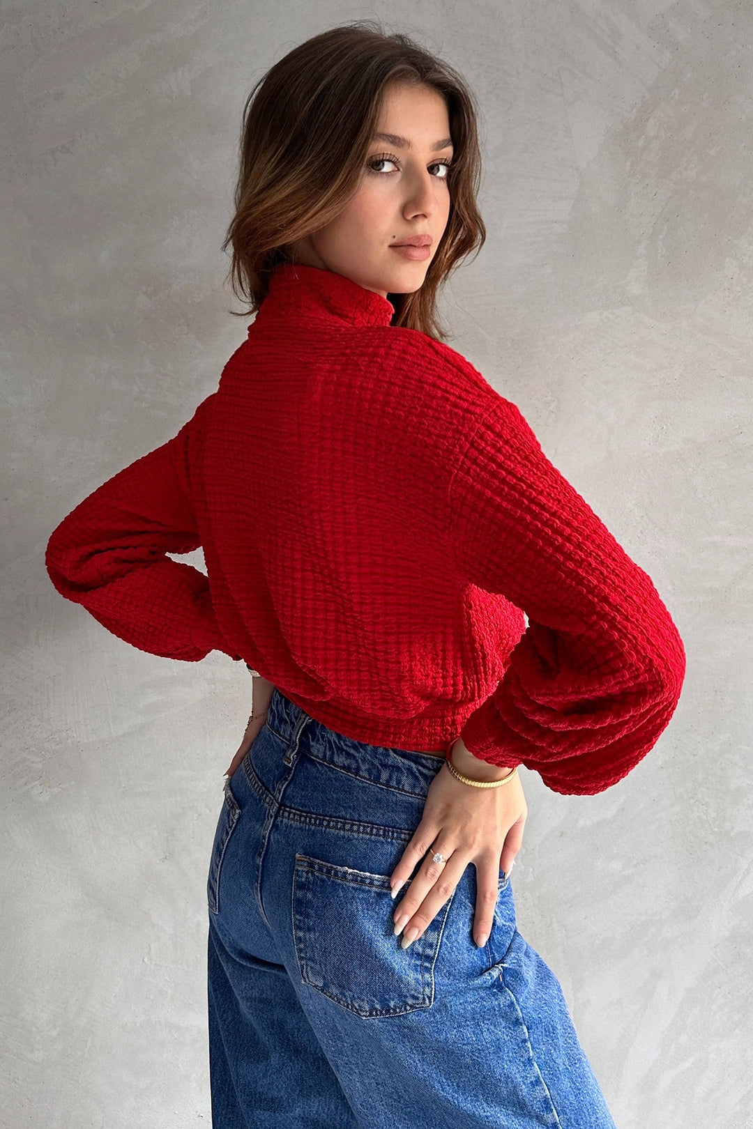 Red Fisherman Collar Textured Crop Blouse BCDF-242126 - Dovzhansk
