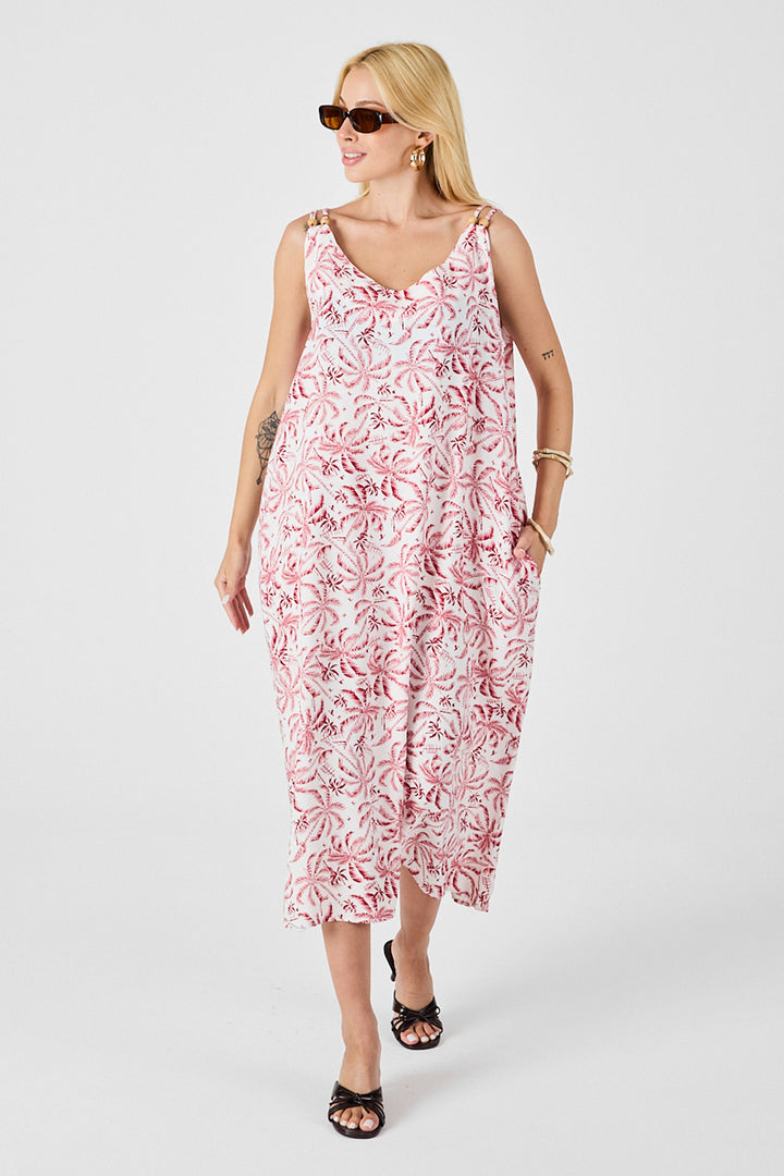 Red-White Strappy Beaded Detail Loose Dress with Double Pockets Pattern BCVL-254027 - Krasnyi Luch
