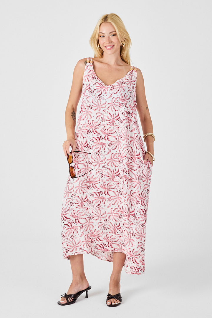 Red-White Strappy Beaded Detail Loose Dress with Double Pockets Pattern BCVL-254027 - Krasnyi Luch