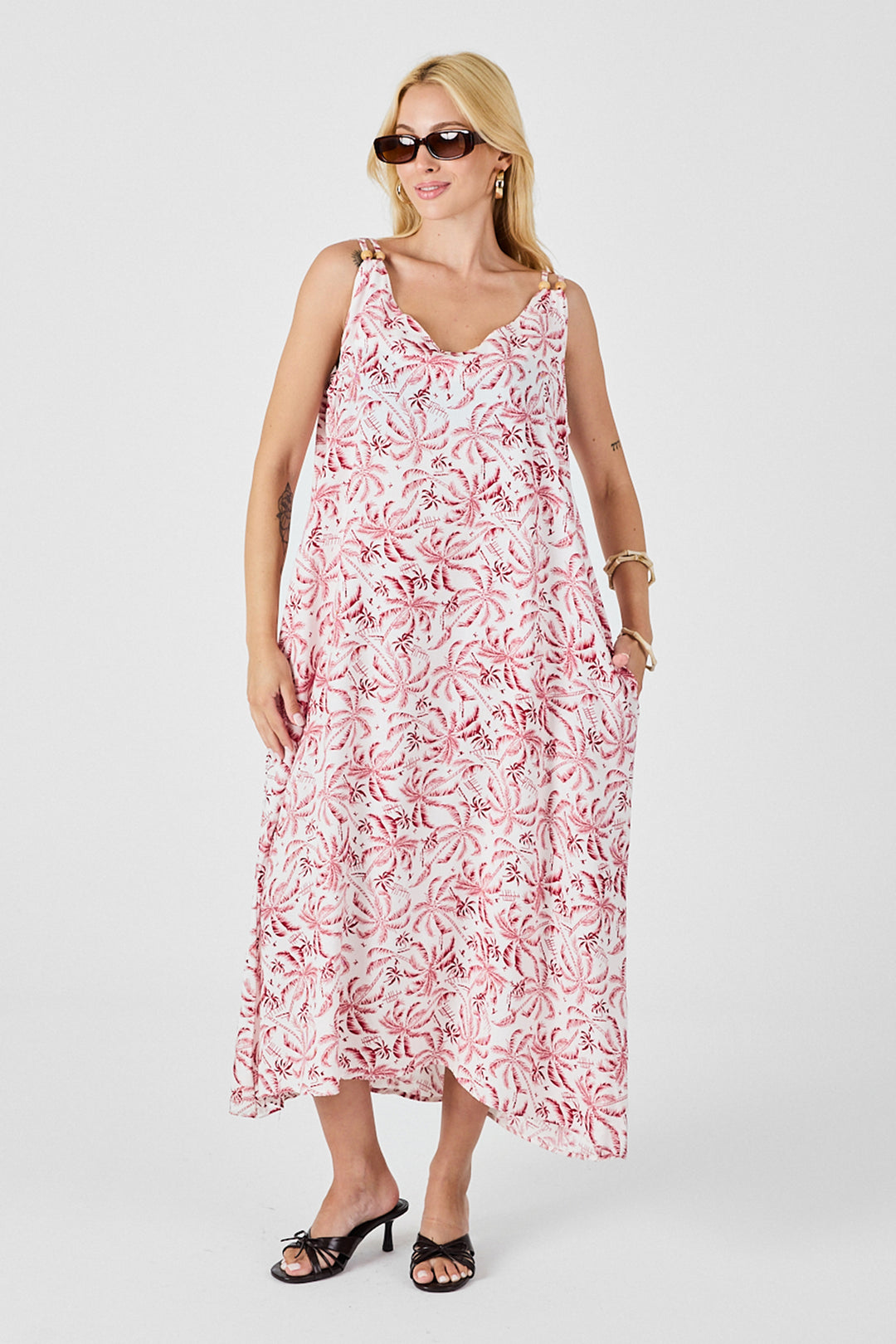 Red-White Strappy Beaded Detail Loose Dress with Double Pockets Pattern BCVL-254027 - Krasnyi Luch