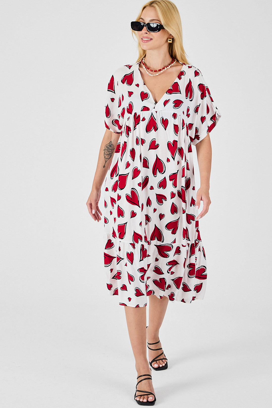 Red-White V-Neck Oversized Cut Patterned Double Pocket Ruffled Dress BCVL-254028 - Asheville