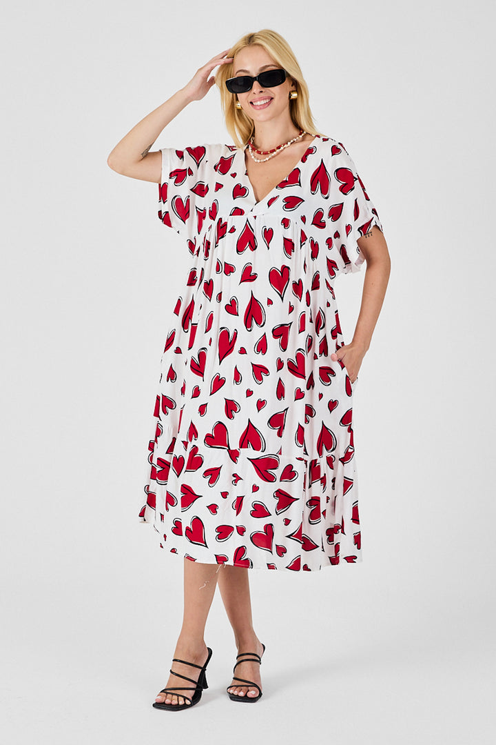 Red-White V-Neck Oversized Cut Patterned Double Pocket Ruffled Dress BCVL-254028 - Asheville