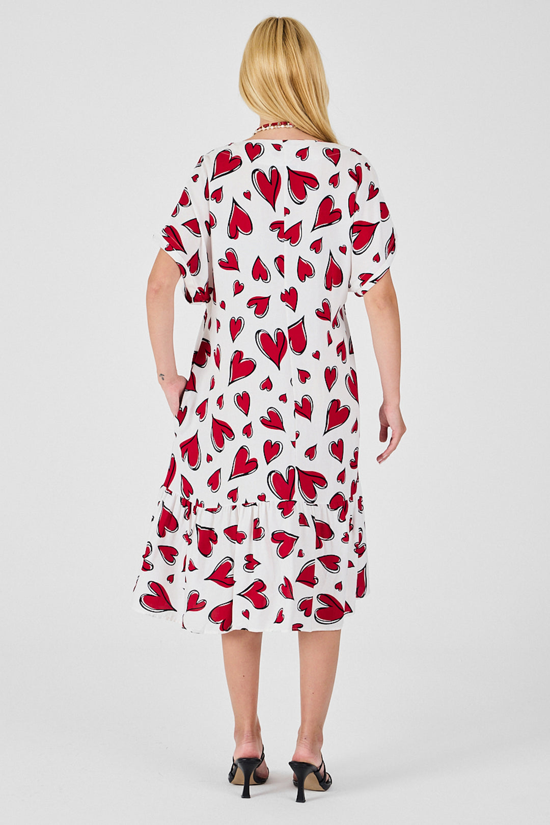 Red-White V-Neck Oversized Cut Patterned Double Pocket Ruffled Dress BCVL-254028 - Asheville