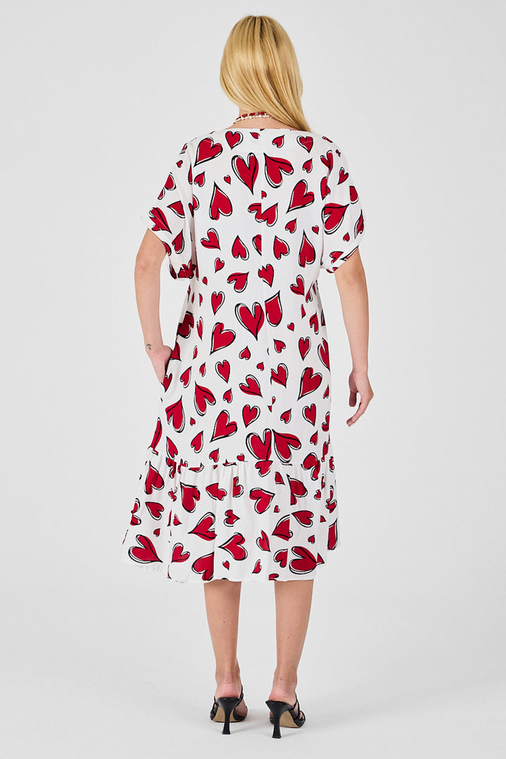 Red-White V-Neck Oversized Cut Patterned Double Pocket Ruffled Dress BCVL-254028 - Asheville