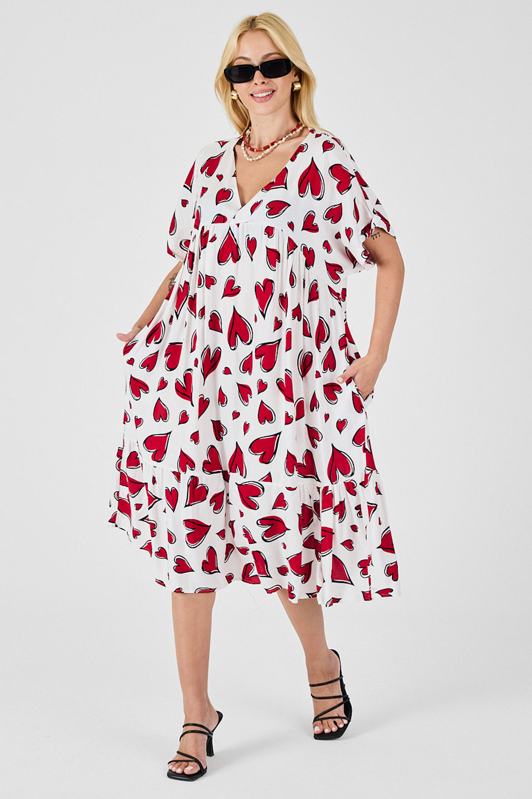 Red-White V-Neck Oversized Cut Patterned Double Pocket Ruffled Dress BCVL-254028 - Asheville