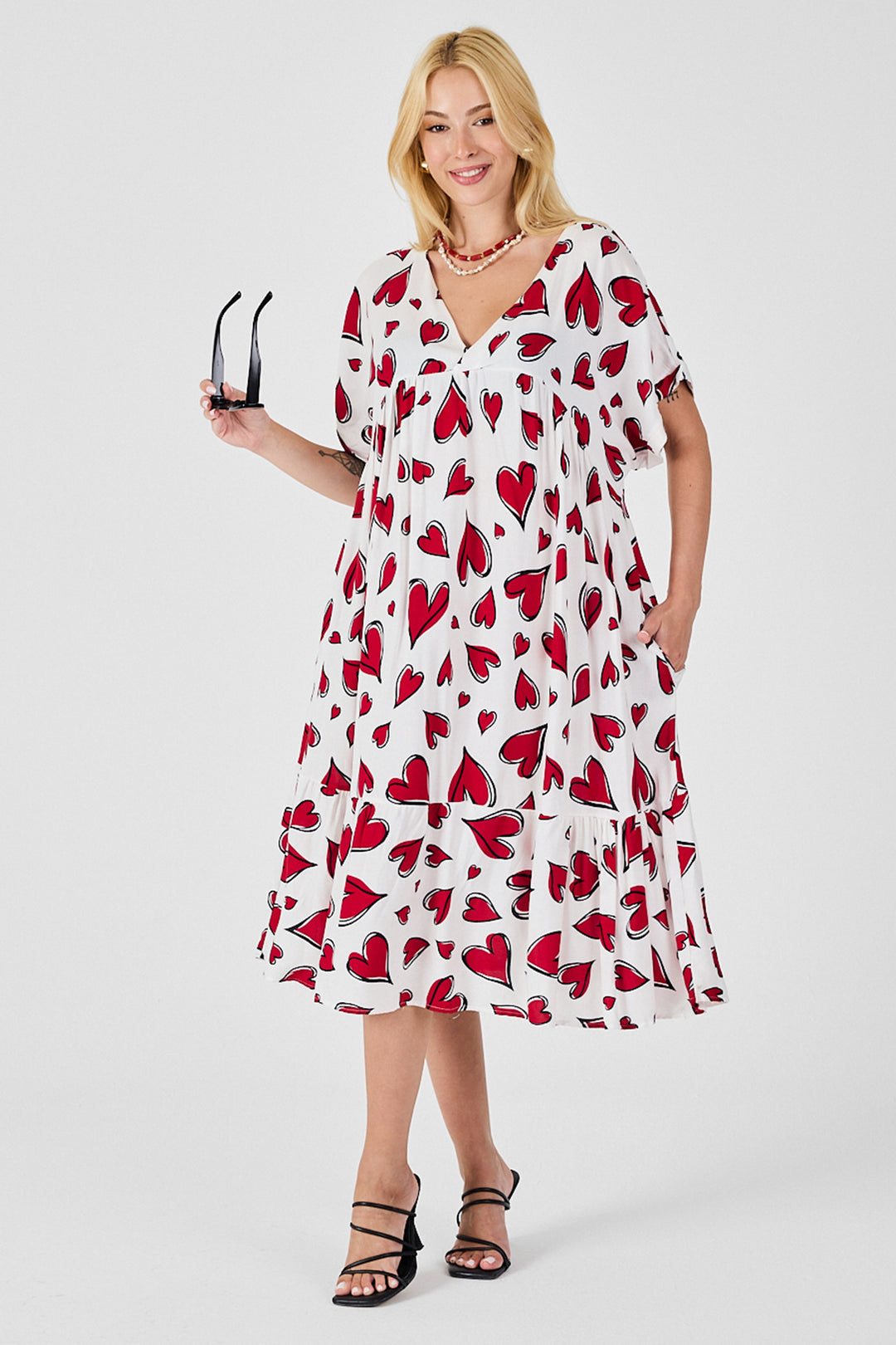 Red-White V-Neck Oversized Cut Patterned Double Pocket Ruffled Dress BCVL-254028 - Asheville