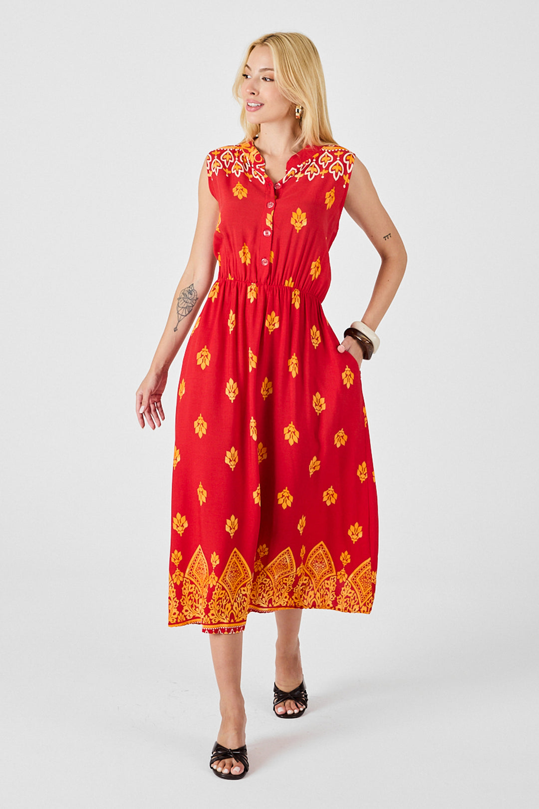 Red Notched Neck Buttoned Patterned Sleeveless Midi Dress BCVL-254025 - Houston