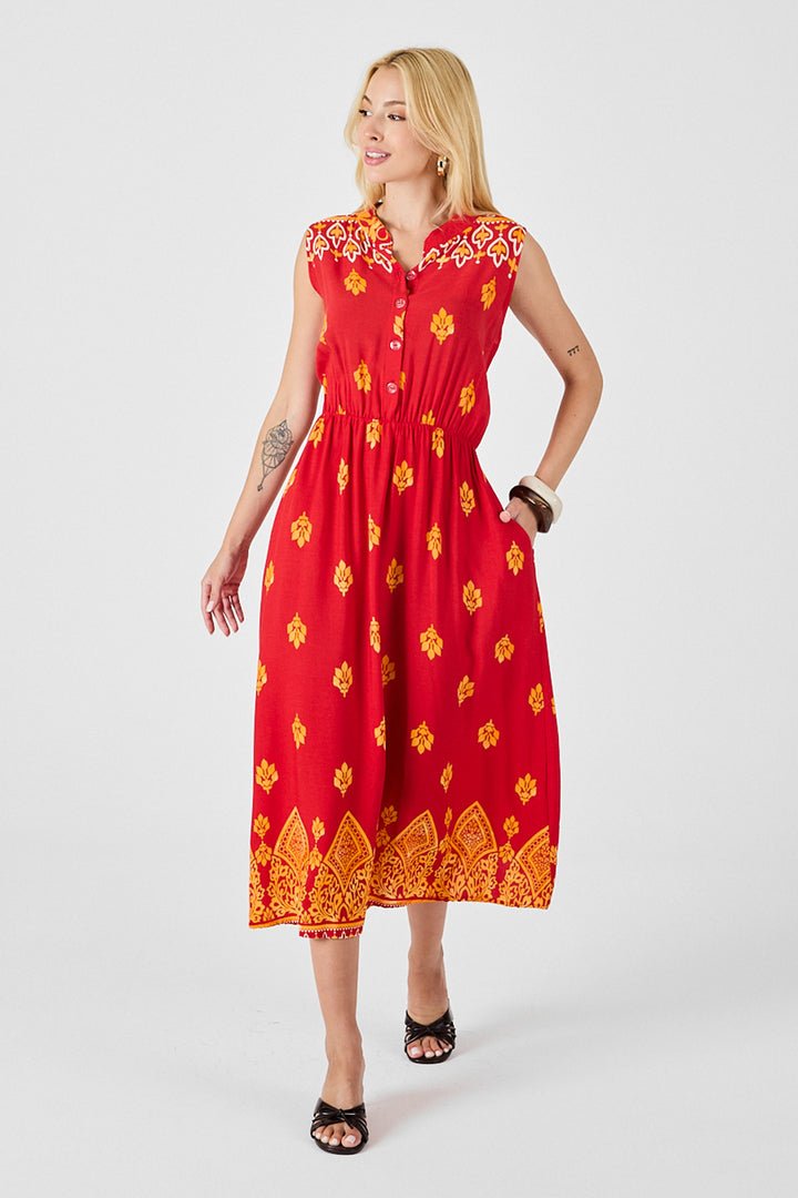 Red Notched Neck Buttoned Patterned Sleeveless Midi Dress BCVL-254025 - Houston