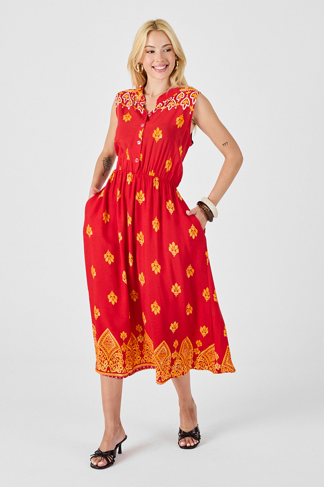 Red Notched Neck Buttoned Patterned Sleeveless Midi Dress BCVL-254025 - Houston