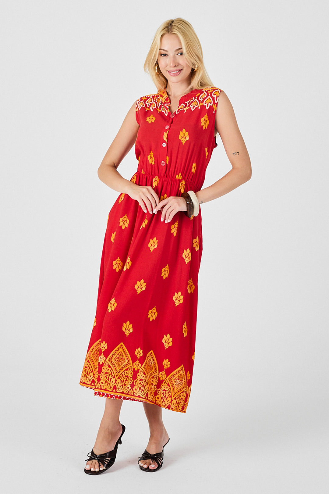 Red Notched Neck Buttoned Patterned Sleeveless Midi Dress BCVL-254025 - Houston