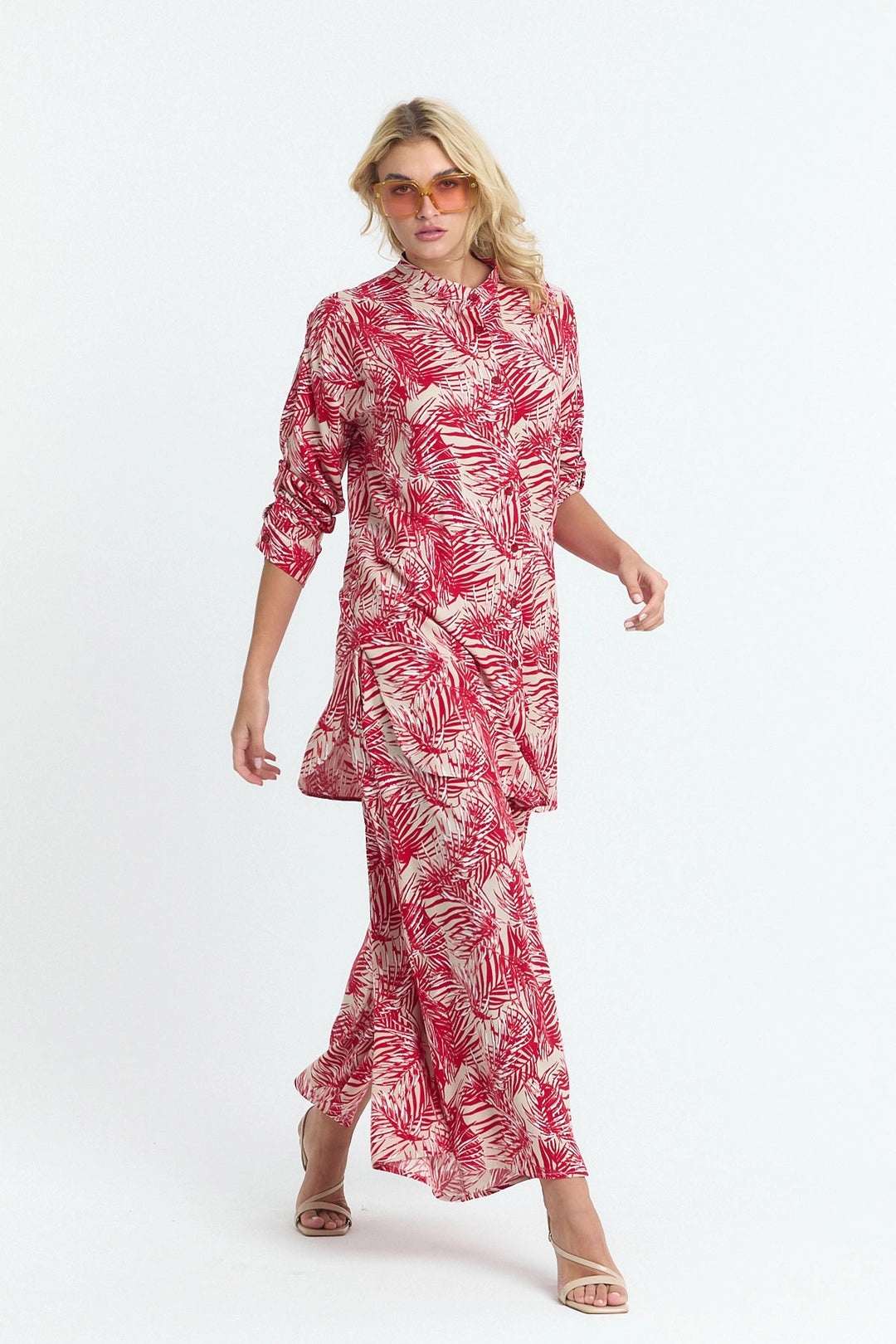 Red Flower Patterned Long Tunic and Pants Woven Viscon Top Set BCVL-25V053-2 - Monterotondo
