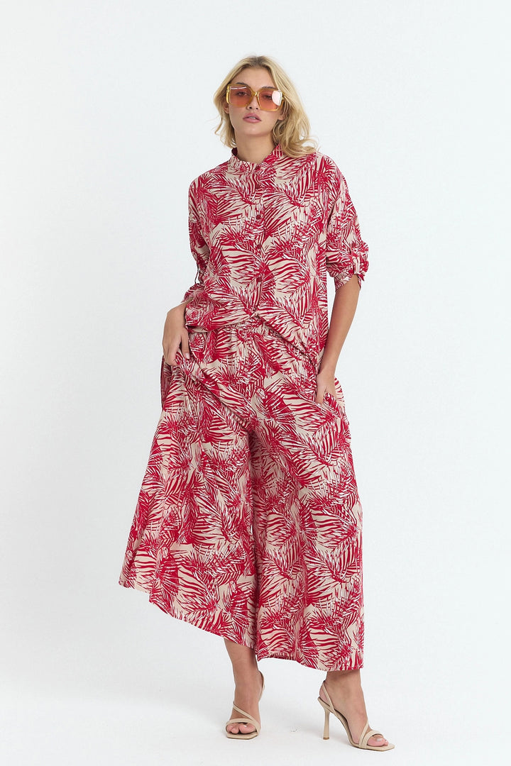 Red Flower Patterned Long Tunic and Pants Woven Viscon Top Set BCVL-25V053-2 - Monterotondo