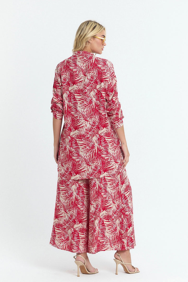 Red Flower Patterned Long Tunic and Pants Woven Viscon Top Set BCVL-25V053-2 - Monterotondo