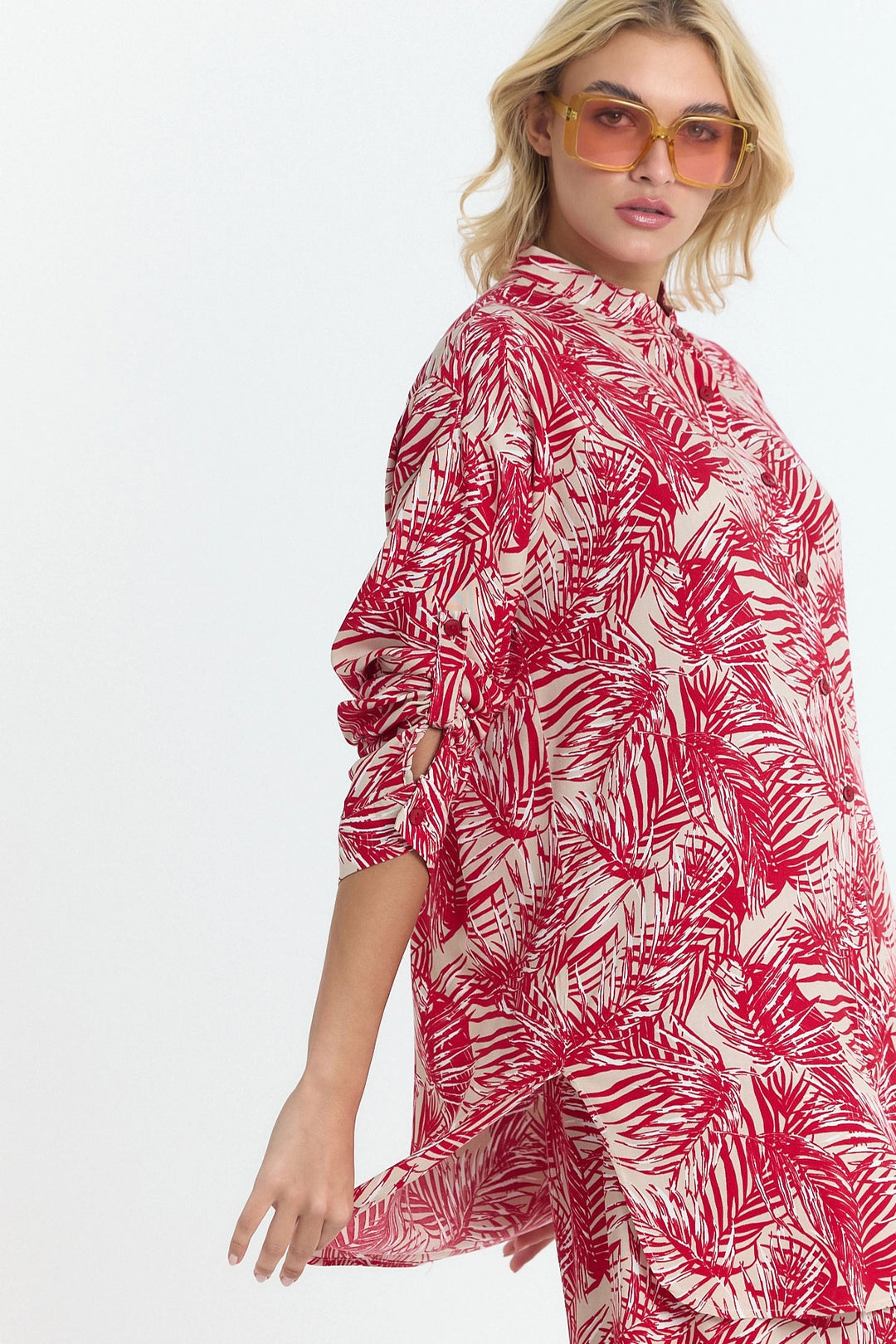 Red Flower Patterned Long Tunic and Pants Woven Viscon Top Set BCVL-25V053-2 - Monterotondo