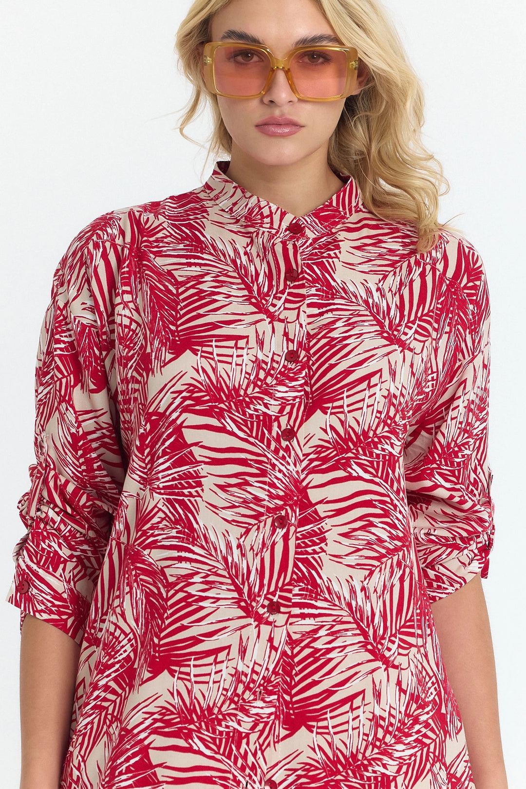 Red Flower Patterned Long Tunic and Pants Woven Viscon Top Set BCVL-25V053-2 - Monterotondo