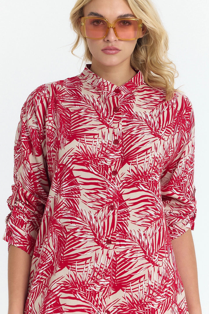 Red Flower Patterned Long Tunic and Pants Woven Viscon Top Set BCVL-25V053-2 - Monterotondo