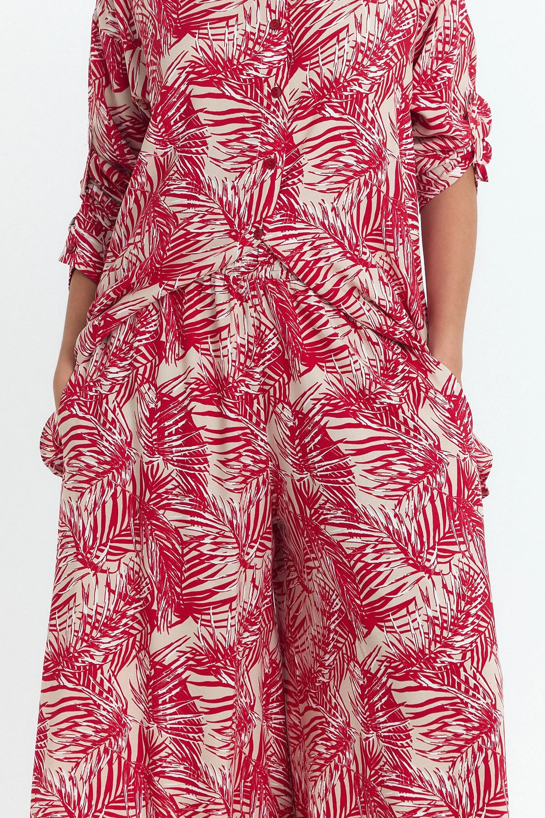 Red Flower Patterned Long Tunic and Pants Woven Viscon Top Set BCVL-25V053-2 - Monterotondo