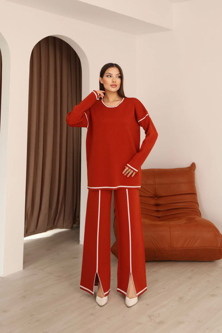 Red Striped Knit Sweater and Ripped Pants Knit Set BCES-253008 - Leganés