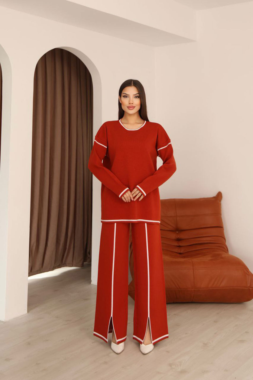 Red Striped Knit Sweater and Ripped Pants Knit Set BCES-253008 - Leganés