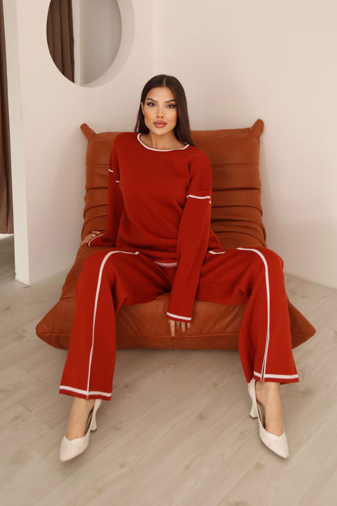 Red Striped Knit Sweater and Ripped Pants Knit Set BCES-253008 - Leganés