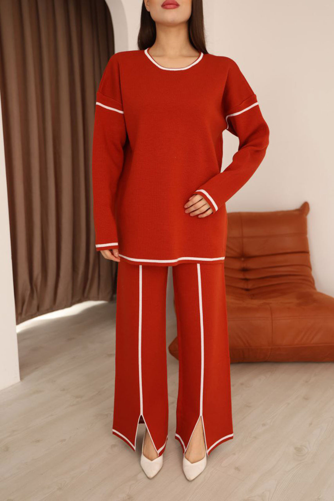 Red Striped Knit Sweater and Ripped Pants Knit Set BCES-253008 - Leganés