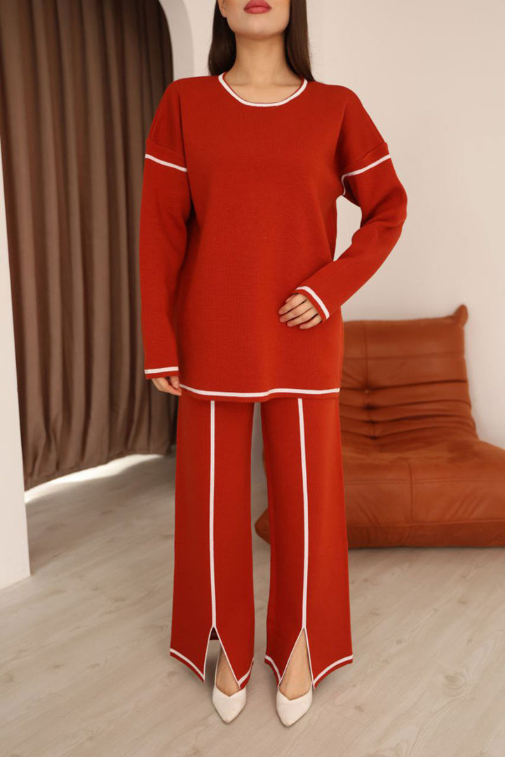 Red Striped Knit Sweater and Ripped Pants Knit Set BCES-253008 - Leganés