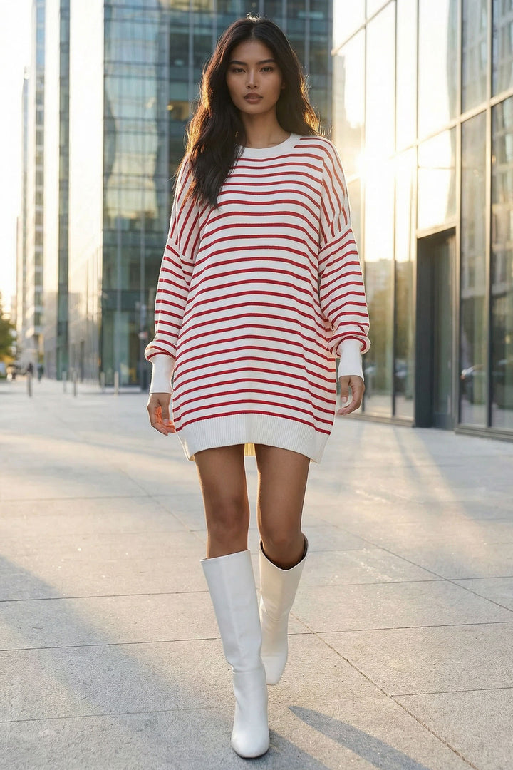 Red Striped Bicycle Collar Striped Knit Mini Dress BCHPK-251240 - Timmins