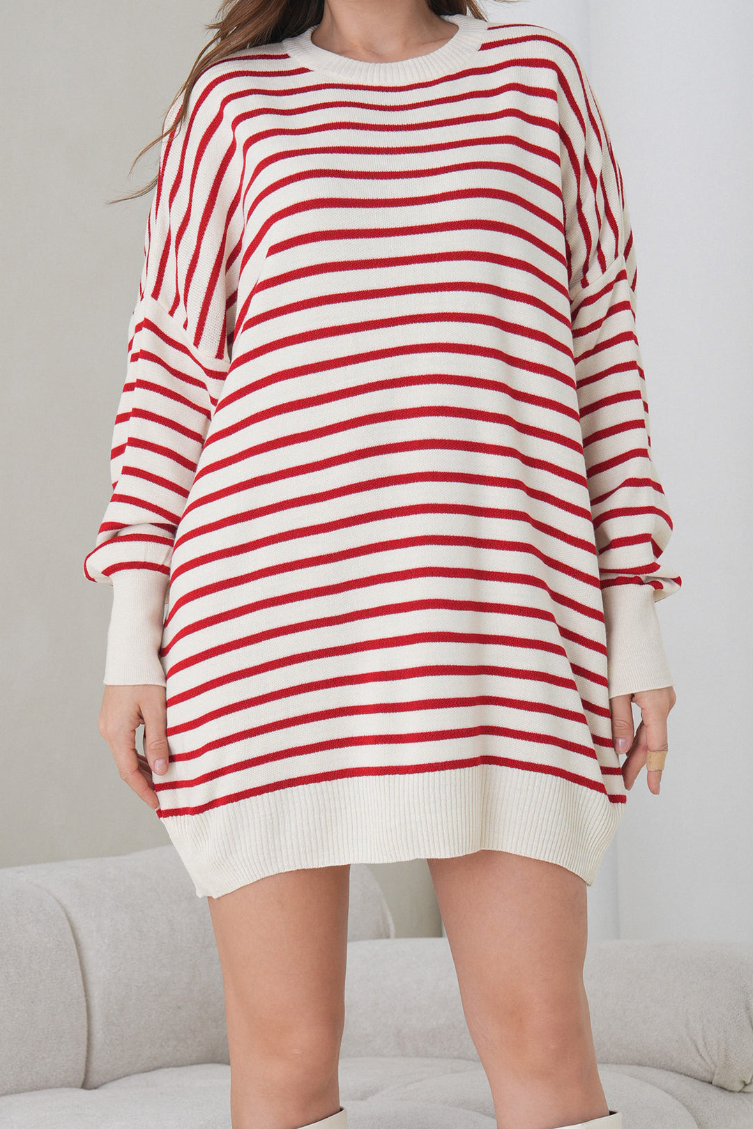 Red Striped Bicycle Collar Striped Knit Mini Dress BCHPK-251240 - Timmins