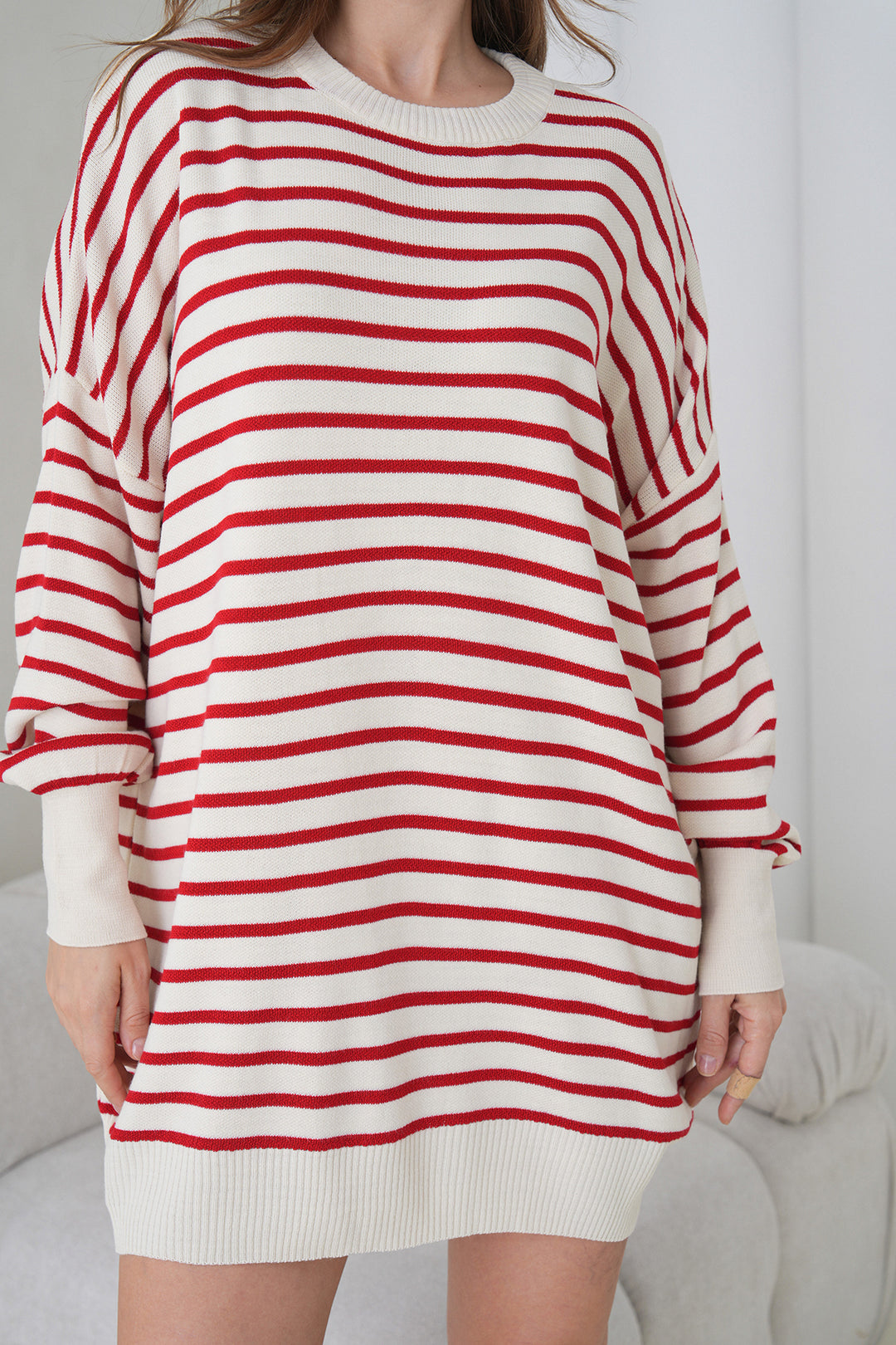 Red Striped Bicycle Collar Striped Knit Mini Dress BCHPK-251240 - Timmins
