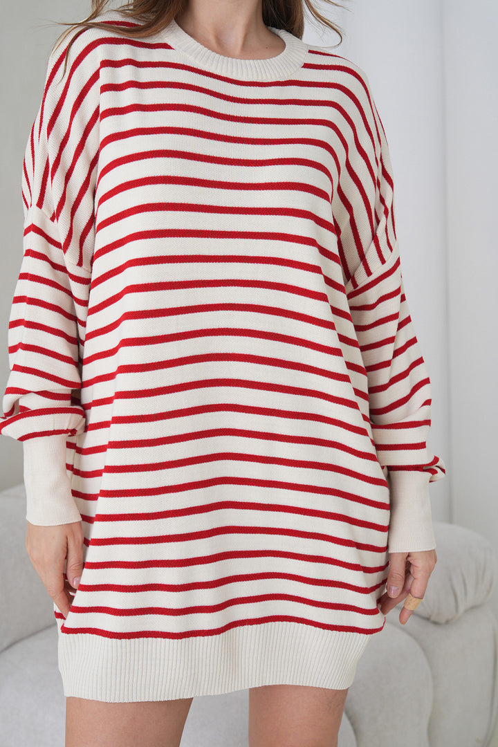 Red Striped Bicycle Collar Striped Knit Mini Dress BCHPK-251240 - Timmins