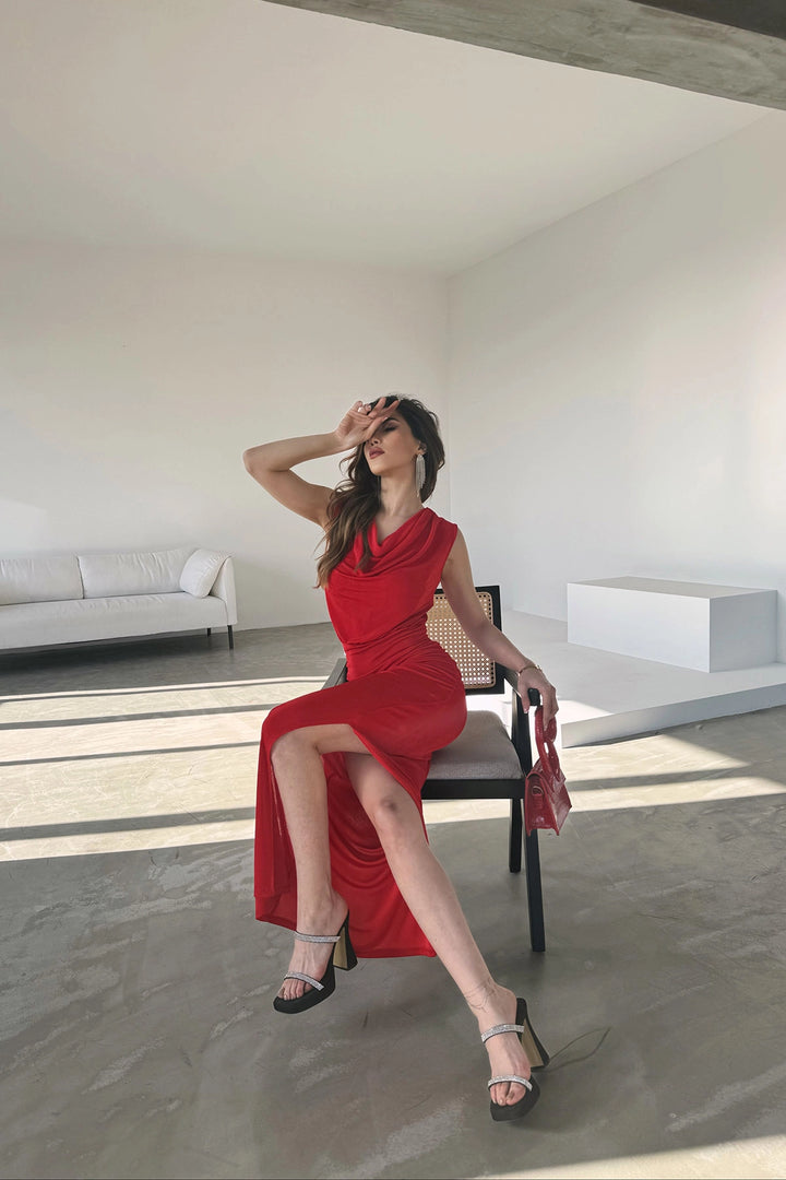 Red Deep V-neck Maxi Dress with High Slit BCDF-241051 - Brixton