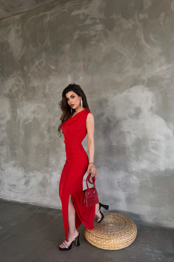 Red Deep V-neck Maxi Dress with High Slit BCDF-241051 - Brixton