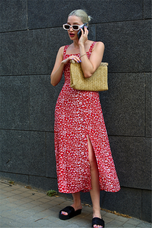 MDX Red Patterned Slit Long Dress MG1868 - Scandicci