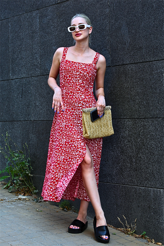 MDX Red Patterned Slit Long Dress MG1868 - Scandicci