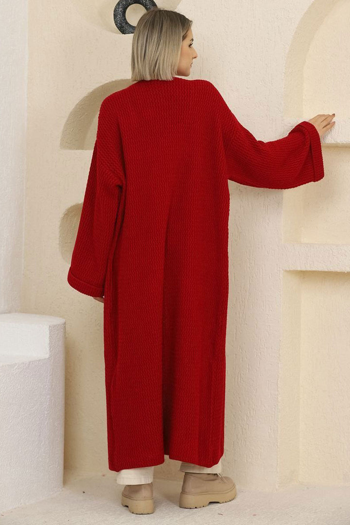 Red Double Pocket Long Sleeve Hijab Cardigan BCES-253000 - Toretsk