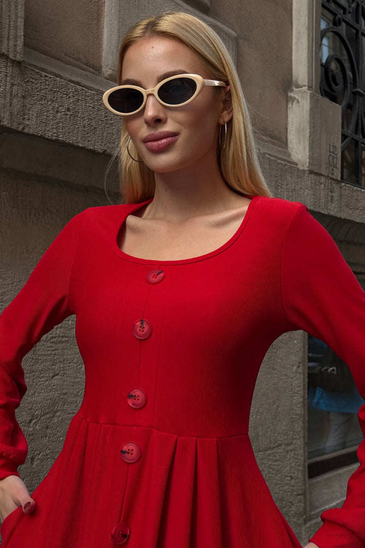 Red Wide Collar Button Detailed Double Pocket Soft Textured Fabric Knit Dress BCVL-25V239 - Jersey City