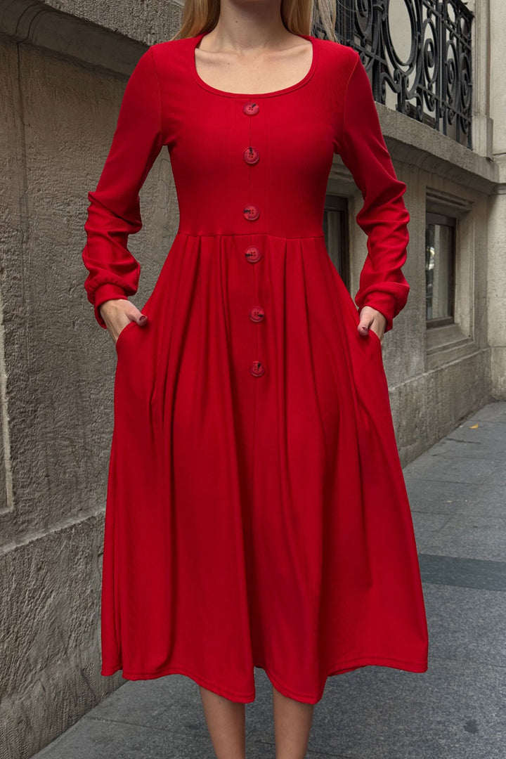 Red Wide Collar Button Detailed Double Pocket Soft Textured Fabric Knit Dress BCVL-25V239 - Jersey City