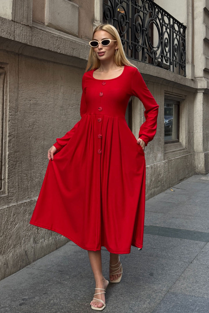 Red Wide Collar Button Detailed Double Pocket Soft Textured Fabric Knit Dress BCVL-25V239 - Jersey City