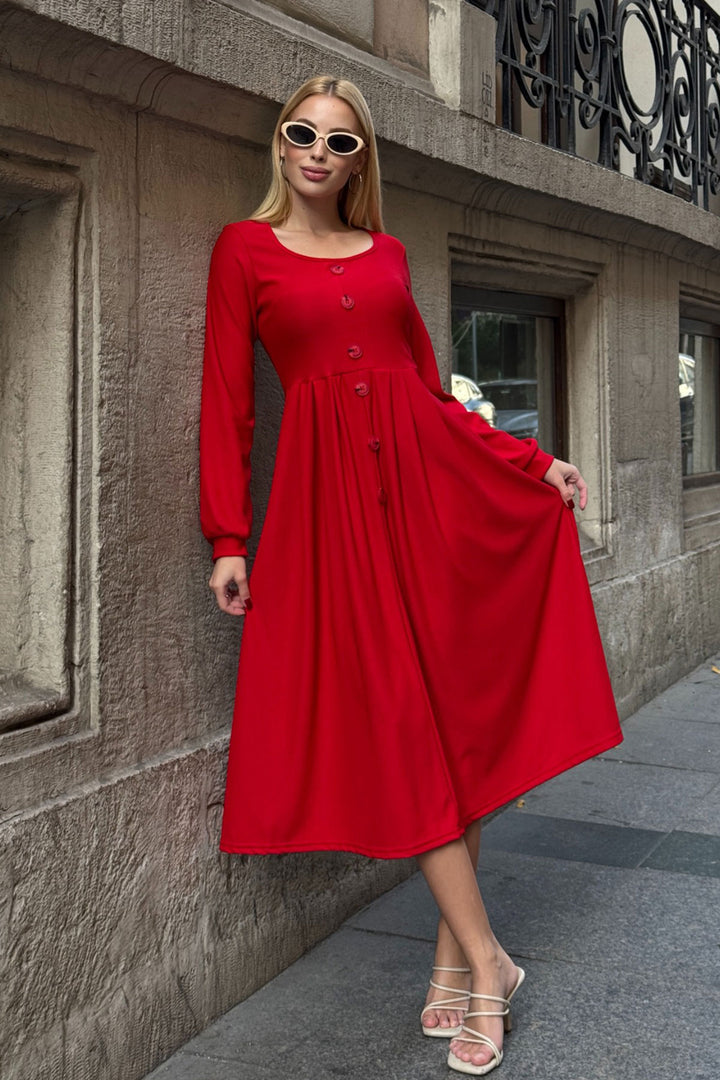 Red Wide Collar Button Detailed Double Pocket Soft Textured Fabric Knit Dress BCVL-25V239 - Jersey City