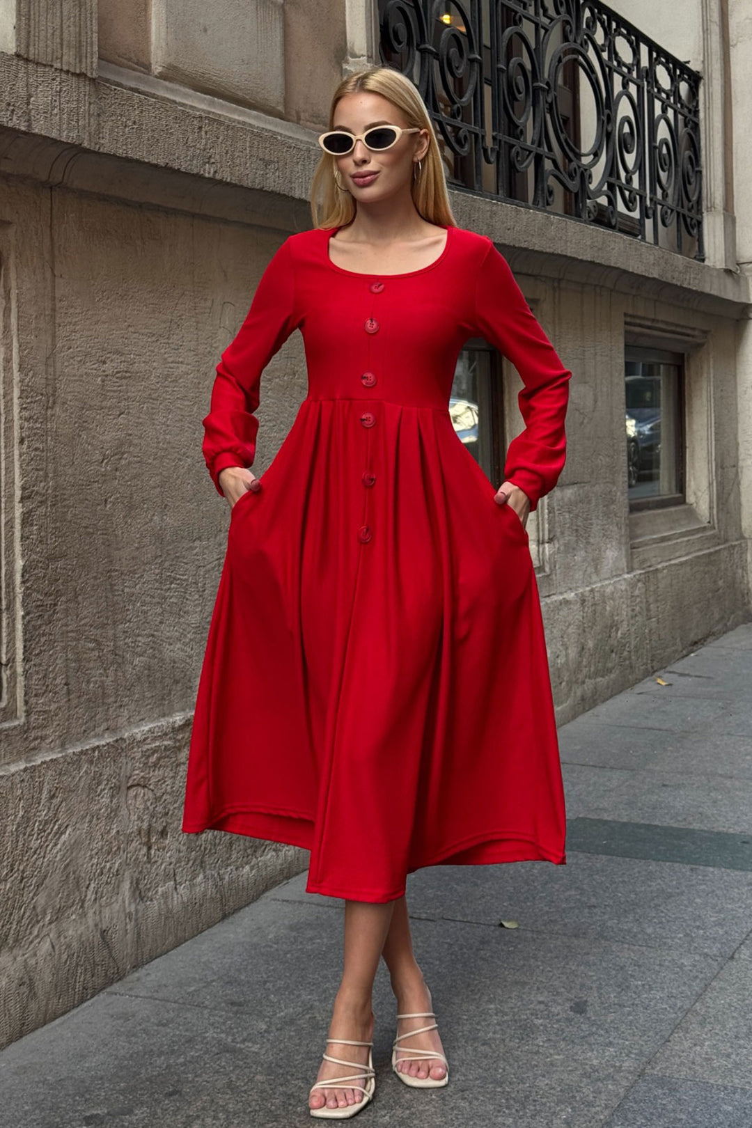 Red Wide Collar Button Detailed Double Pocket Soft Textured Fabric Knit Dress BCVL-25V239 - Jersey City