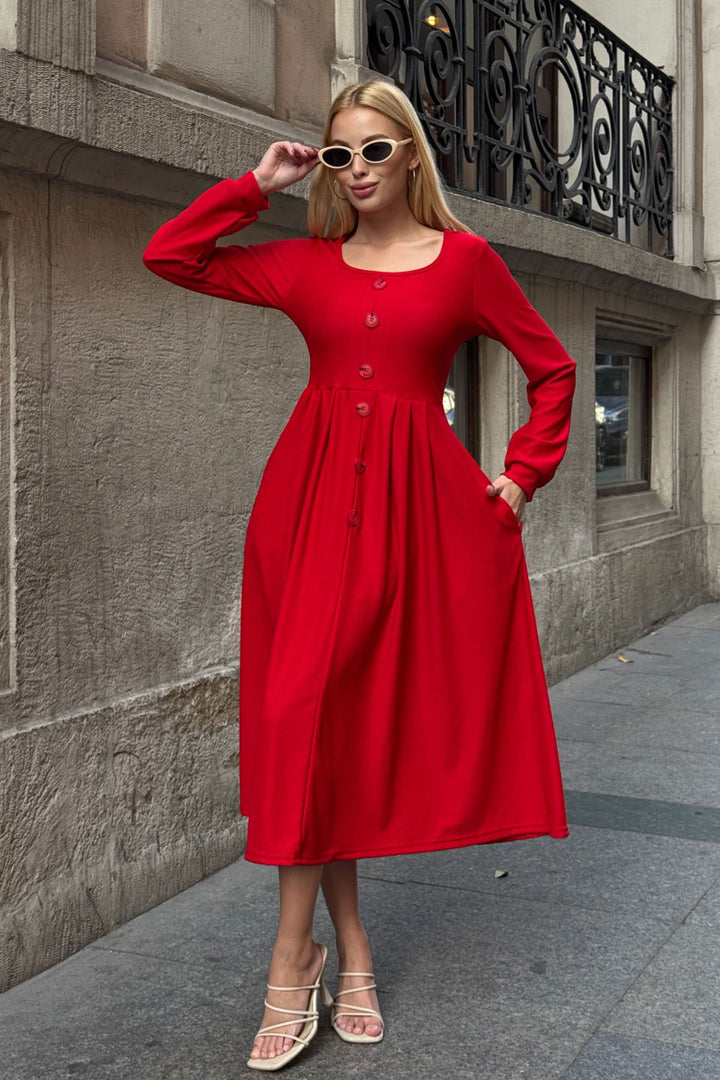 Red Wide Collar Button Detailed Double Pocket Soft Textured Fabric Knit Dress BCVL-25V239 - Jersey City