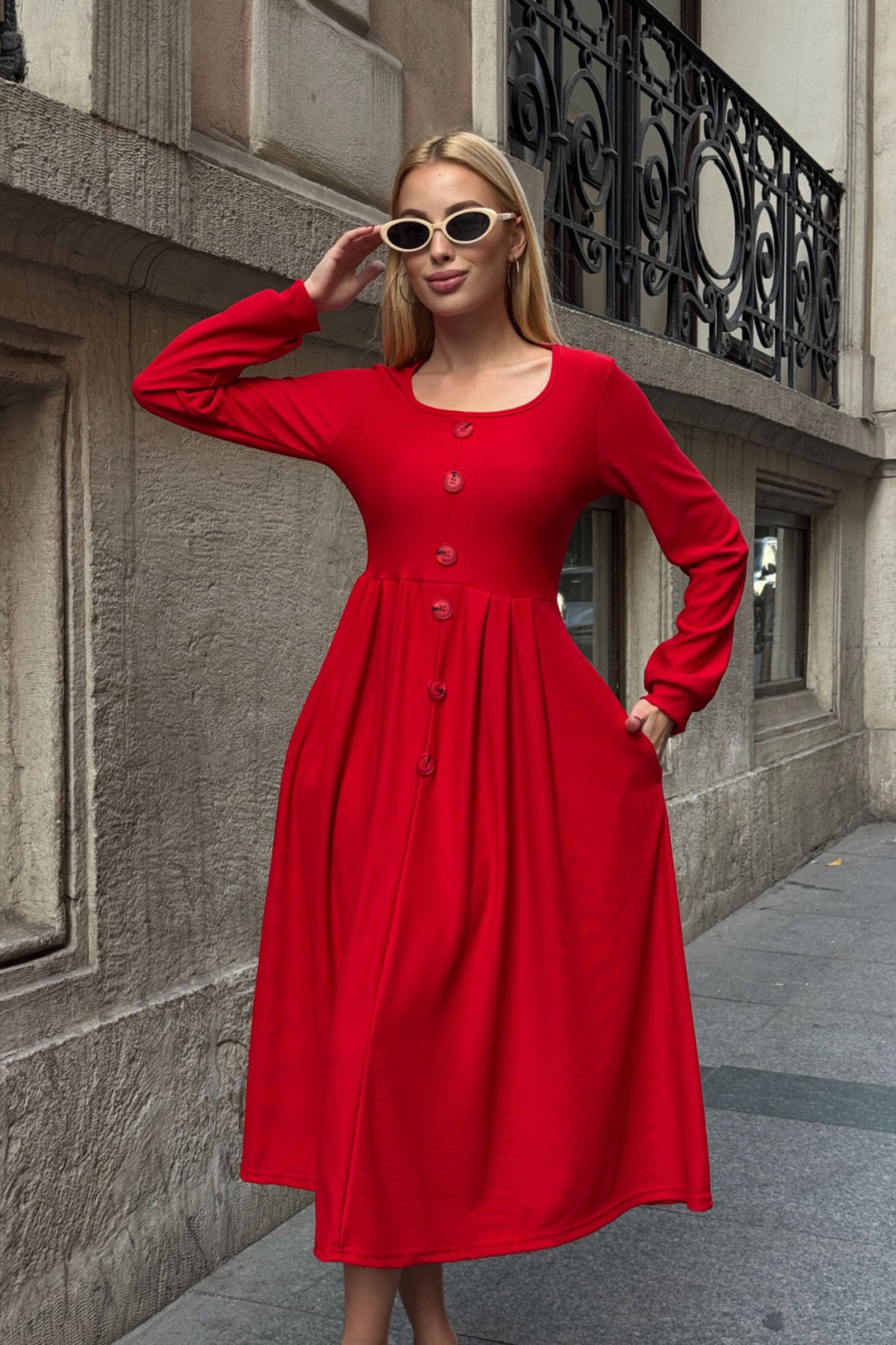 Red Wide Collar Button Detailed Double Pocket Soft Textured Fabric Knit Dress BCVL-25V239 - Jersey City