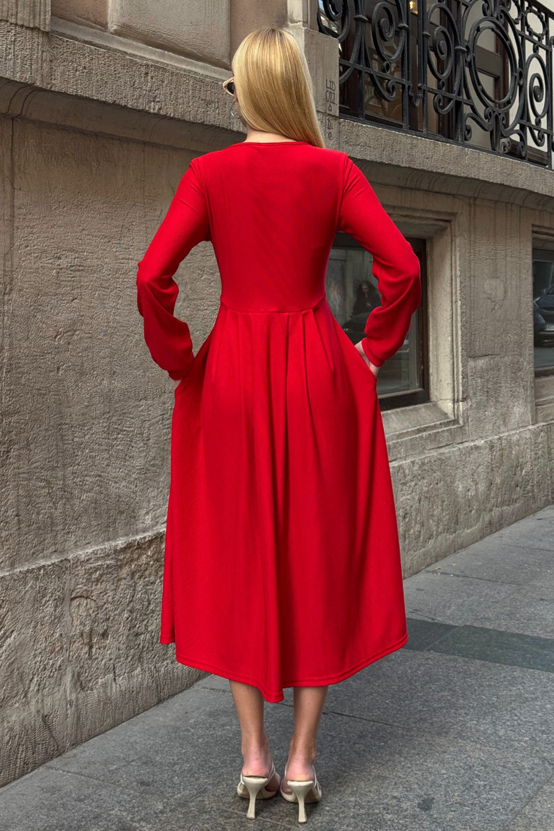 Red Wide Collar Button Detailed Double Pocket Soft Textured Fabric Knit Dress BCVL-25V239 - Jersey City